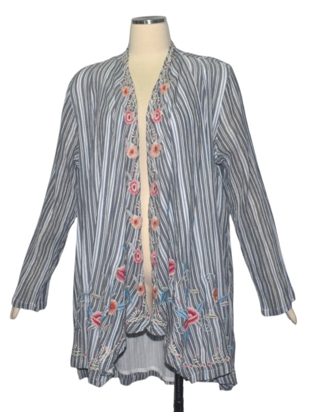 Kyla Seo Embroidered Striped Cotton Gauze Open Front Jacket Cardigan Boho XXL